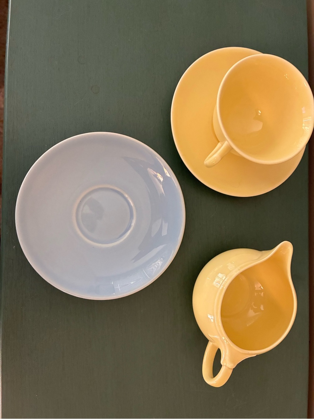 Assorted Lu-Ray Pastels yellow and blue. Teacup, saucers, creamer